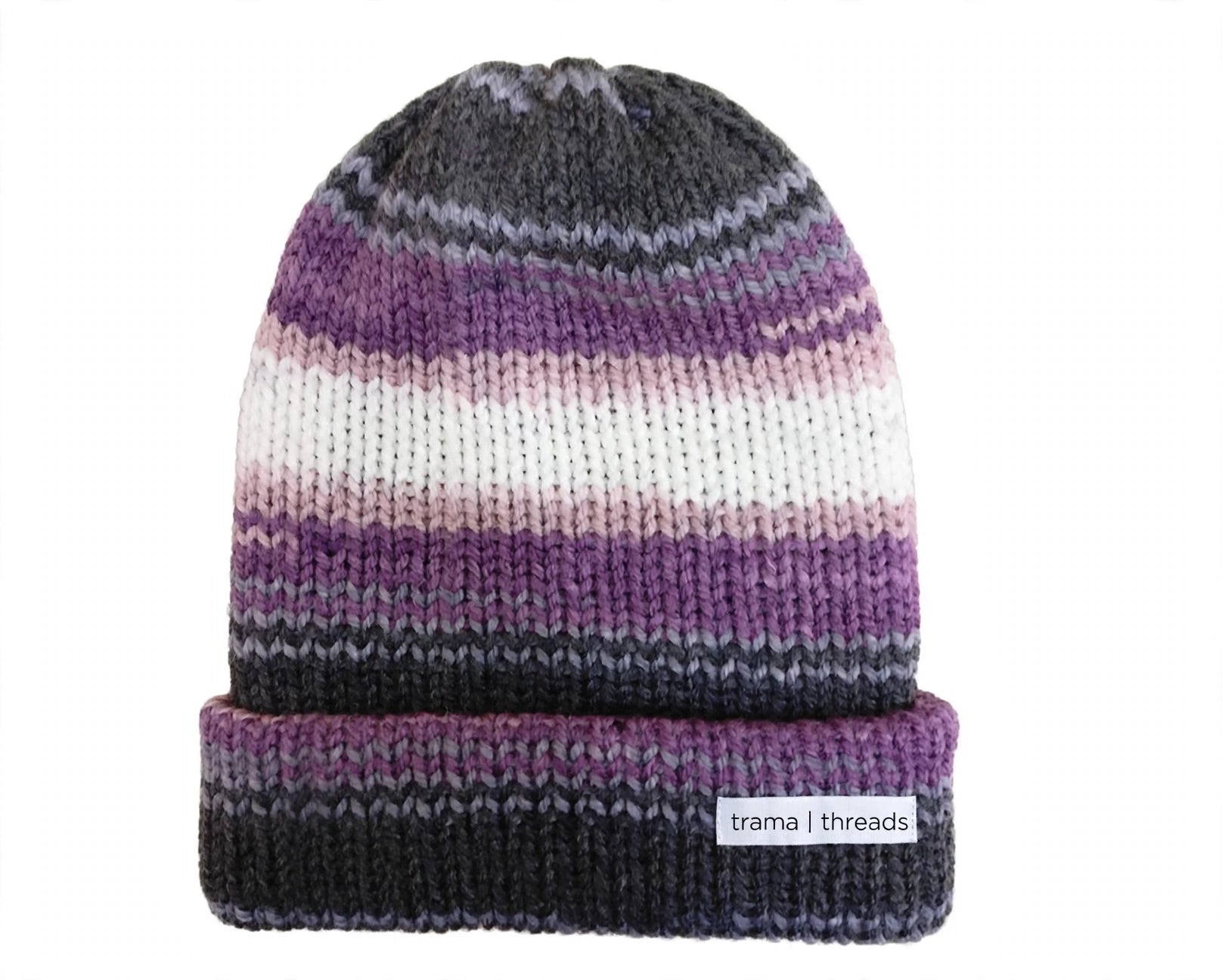 Gorro tejido a mano matizado morado y gris |